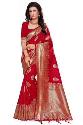 Red woven silk saree with blouse 2