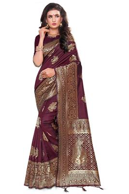 Maroon Woven Silk Blend Saree With Blouse 1