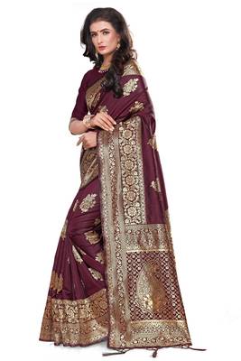 Maroon Woven Silk Blend Saree With Blouse 2