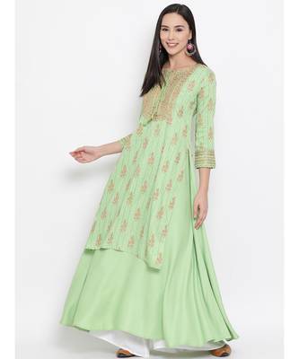 Women  green Cotton Embroidered Anarkali Kurta 2