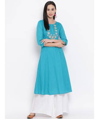 Women  Blue Cotton Embroidered A-line Kurta 1