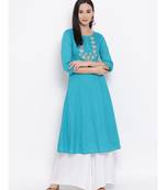 Women  Blue Cotton Embroidered A-line Kurta