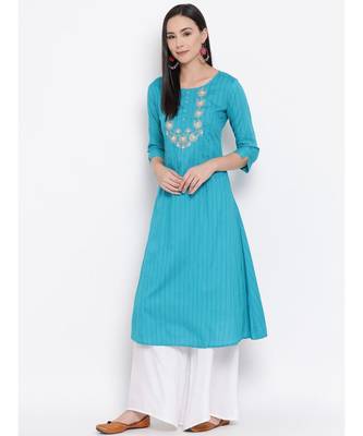 Women  Blue Cotton Embroidered A-line Kurta 2