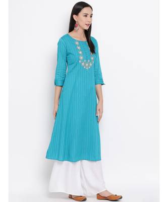 Women  Blue Cotton Embroidered A-line Kurta 3
