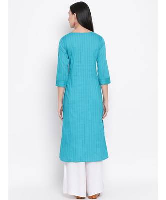 Women  Blue Cotton Embroidered A-line Kurta 4