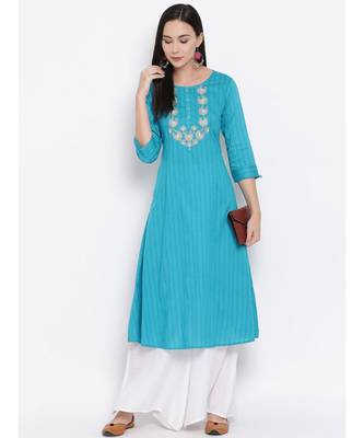 Women  Blue Cotton Embroidered A-line Kurta 5