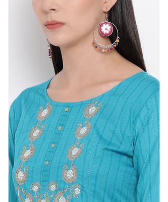 Women  Blue Cotton Embroidered A-line Kurta 6
