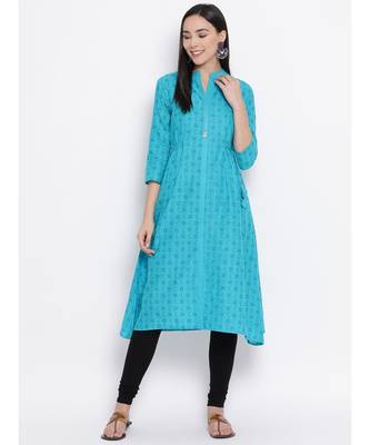 Women  Blue Cotton Printed A-line Kurta 1