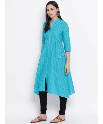 Women  Blue Cotton Printed A-line Kurta 2