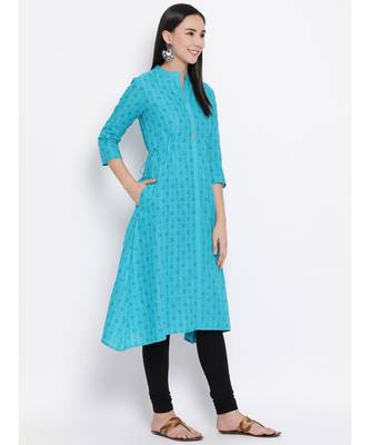 Women  Blue Cotton Printed A-line Kurta 3