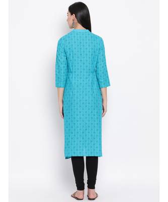 Women  Blue Cotton Printed A-line Kurta 4