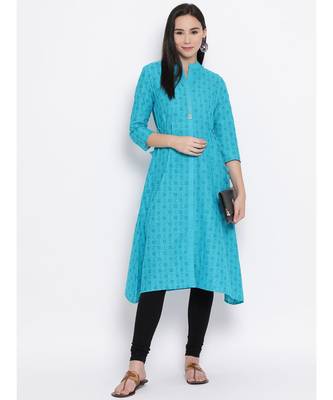 Women  Blue Cotton Printed A-line Kurta 5