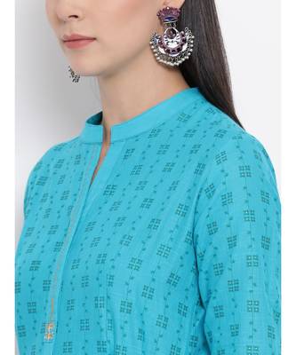 Women  Blue Cotton Printed A-line Kurta 6