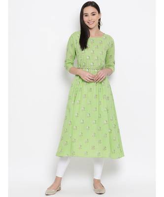 Women  green Cotton Printed A-line Kurta 1