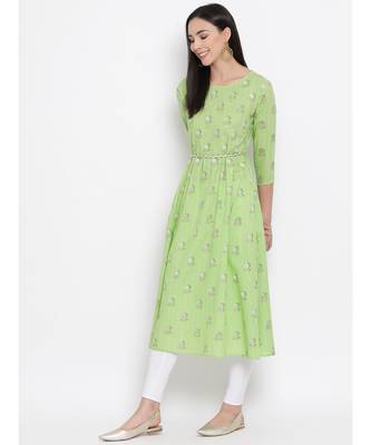 Women  green Cotton Printed A-line Kurta 2