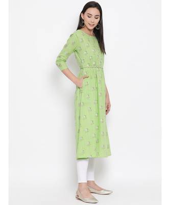 Women  green Cotton Printed A-line Kurta 3