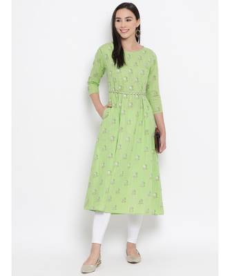 Women  green Cotton Printed A-line Kurta 5