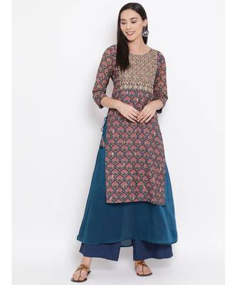 Women  Blue Cotton Embroidered Anarkali Kurta 1