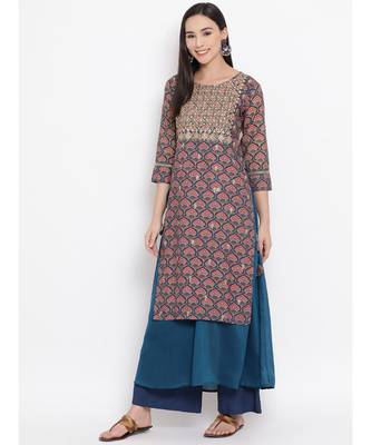 Women  Blue Cotton Embroidered Anarkali Kurta 2