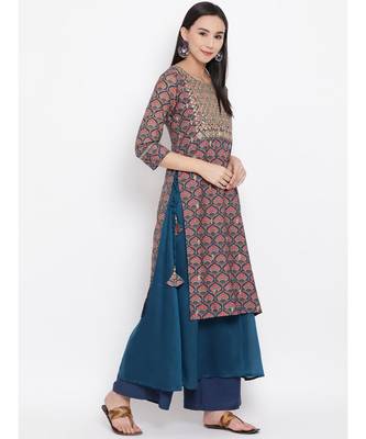 Women  Blue Cotton Embroidered Anarkali Kurta 3