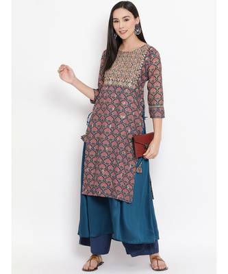 Women  Blue Cotton Embroidered Anarkali Kurta 5