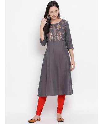 Women  Grey Cotton Printed A-line Kurta 1