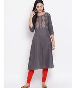 Women  Grey Cotton Printed A-line Kurta