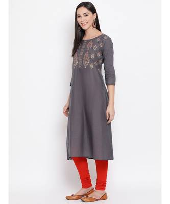 Women  Grey Cotton Printed A-line Kurta 2