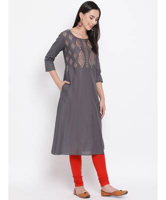 Women  Grey Cotton Printed A-line Kurta 3