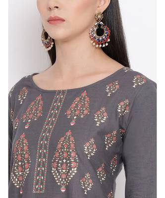Women  Grey Cotton Printed A-line Kurta 6