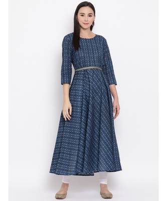 Women  Blue Cotton Printed Anarkali Kurta 1