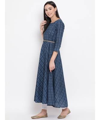 Women  Blue Cotton Printed Anarkali Kurta 2