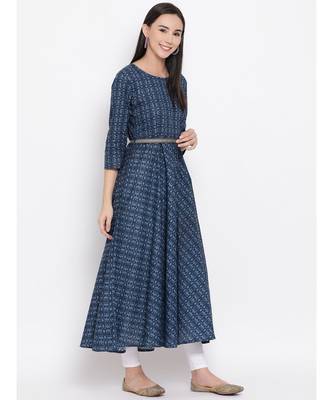 Women  Blue Cotton Printed Anarkali Kurta 3