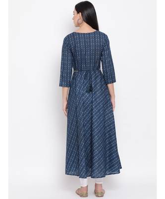 Women  Blue Cotton Printed Anarkali Kurta 4
