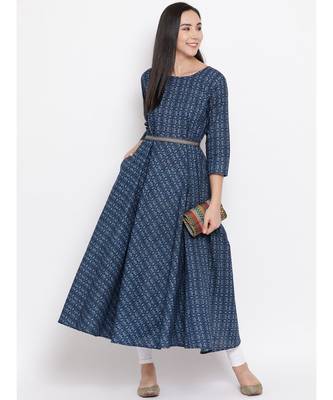 Women  Blue Cotton Printed Anarkali Kurta 5