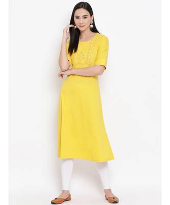 Women  Yellow Cotton Embroidered A-line Kurta 1