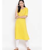 Women  Yellow Cotton Embroidered A-line Kurta