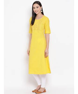 Women  Yellow Cotton Embroidered A-line Kurta 2