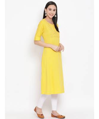 Women  Yellow Cotton Embroidered A-line Kurta 3
