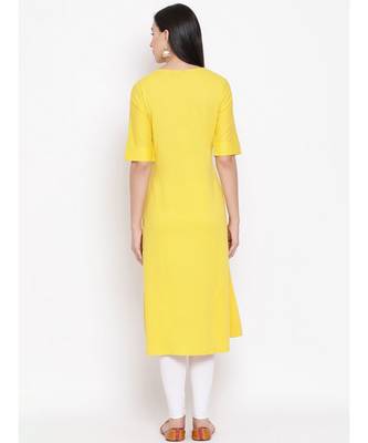 Women  Yellow Cotton Embroidered A-line Kurta 4