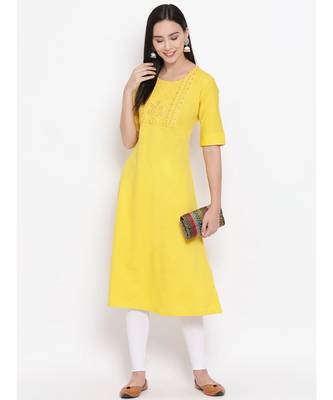 Women  Yellow Cotton Embroidered A-line Kurta 5