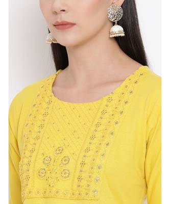 Women  Yellow Cotton Embroidered A-line Kurta 6