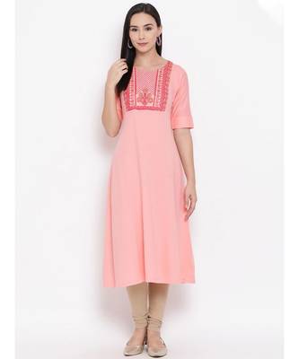 Women  Pink Cotton Embroidered A-line Kurta 1