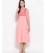Women  Pink Cotton Embroidered A-line Kurta
