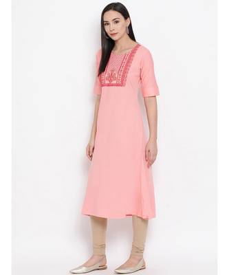 Women  Pink Cotton Embroidered A-line Kurta 2