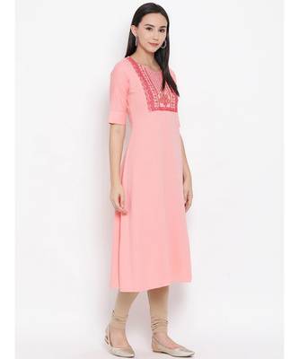 Women  Pink Cotton Embroidered A-line Kurta 3