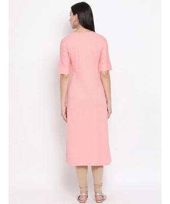 Women  Pink Cotton Embroidered A-line Kurta 4