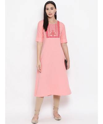 Women  Pink Cotton Embroidered A-line Kurta 5