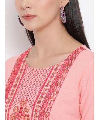 Women  Pink Cotton Embroidered A-line Kurta 6