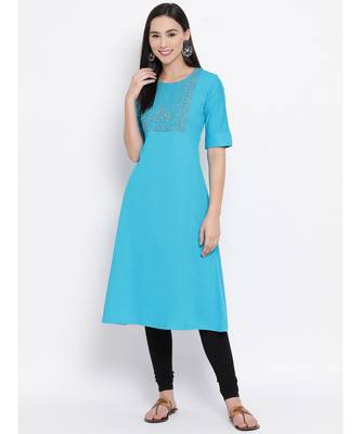Women  blue Cotton Embroidered A-line Kurta 1